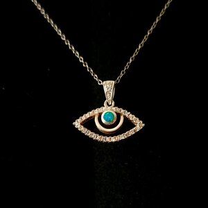 Turquoise Eye Silver Amulet Ring Necklace w/ Crystals